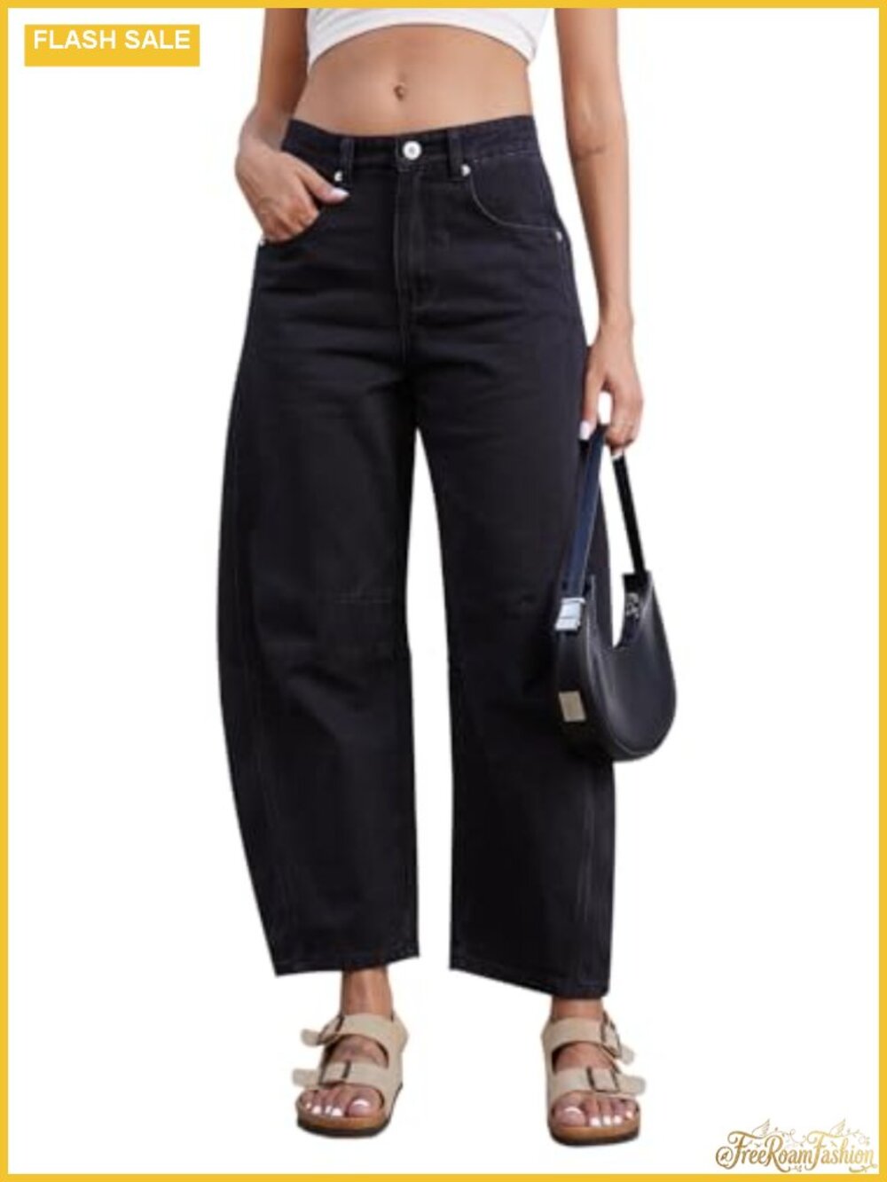 Women's Baggy Wide Leg Stretch Denim Jeans Mid Rise Ankle Length w/ Pleats